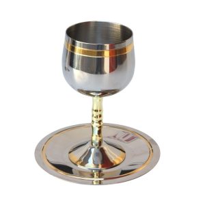 STAINLESS STEEL/GOLD STRIPE KIDUSH CUP/STEAM/SAUCER