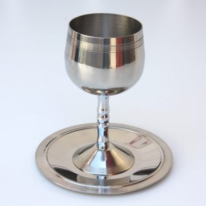 STAINLESS STEEL/SILVER STRIPE KIDUSH CUP/STEAM/SAUCER