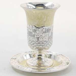 SILVER PLATED/ENAMEL JERUSALEM KIDUSH CUP/STEM/SAUCER