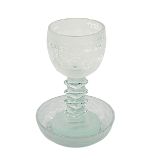 CRYSTAL "FROZEN" JERUSALEM KIDUSH CUP W/STEM/SAUCER 16 CM.
