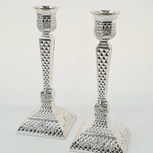 SILVER OLATED DIAMONDS SHAPE PAIR CANDLESTICKS 19 CM.
