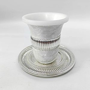 SILVER PLATED/WHITE ENAMEL KIDDUSH CUP/STEM/SAUCER