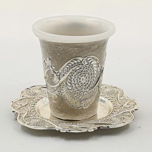 ENAMEL/SILVER PLATED/PLASTIC COVER KIDDUSH CUP/SAUCER