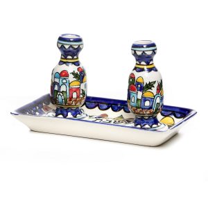 ARMENIAN JERUSALEM PAIR CANDLESTICKS+TRAY
