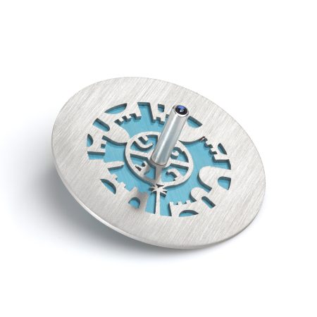 ALUMINUM TURQUOISE JERUSALEM DREIDEL ON STAND