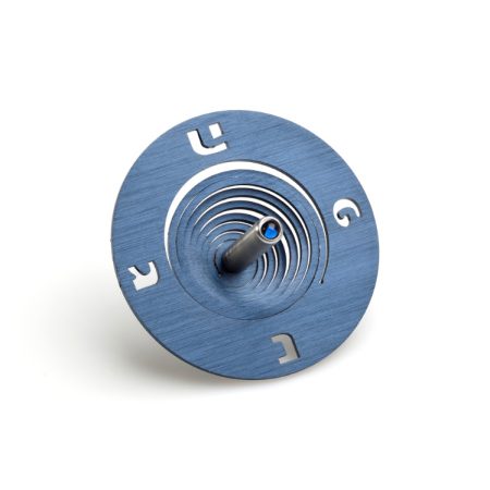 ALUMINUM BLUE "SPOOL" DREIDEL ON STAND