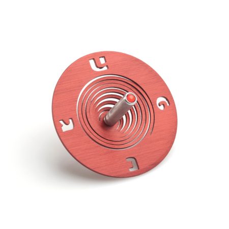 ALUMINUM RED "SPOOL" DREIDEL ON STAND