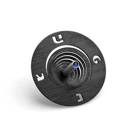 ALUMINUM BLACK "SPOOL" DREIDEL ON STAND