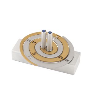 ALUMINUM SILVER/GOLD DOUBLE SPIRAL DREIDEL ON STAND