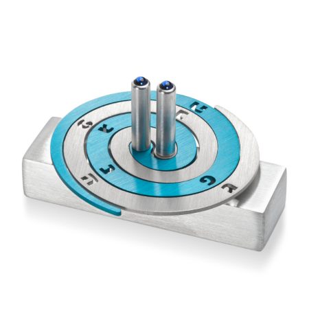 ALUMINUM SILVER/TURQUOISE DOUBLE SPIRAL DREIDEL ON STAND