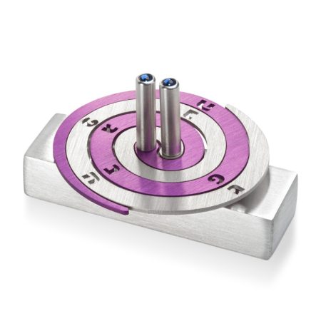 ALUMINUM SILVER/PURPLE DOUBLE SPIRAL DREIDEL ON STAND
