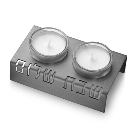 ALUMINUM GREY "SHABBAT SHALOM" CANDLESTICK