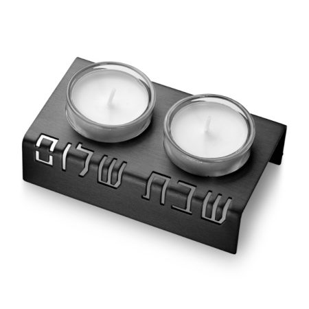 ALUMINUM BLACK "SHABBAT SHALOM" CANDLESTICK