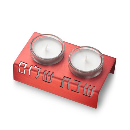 ALUMINUM RED "SHABBAT SHALOM" CANDLESTICK