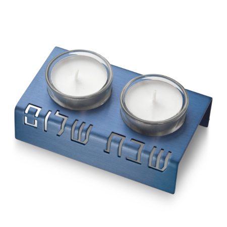 ALUMINUM BLUE "SHABBAT SHALOM" CANDLESTICK