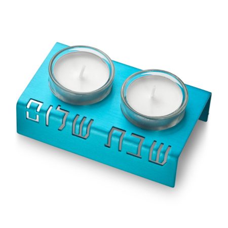 ALUMINUM TURQUOISE "SHABBAT SHALOM" CANDLESTICK