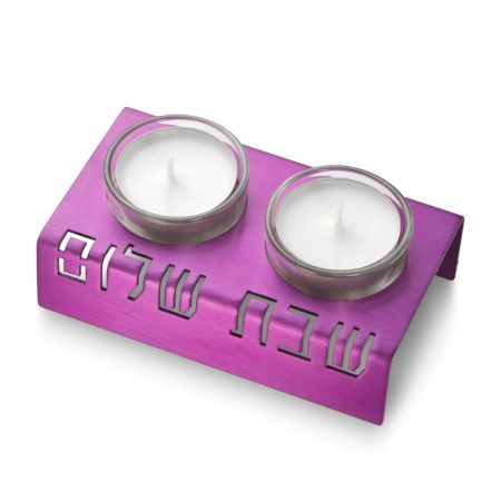ALUMINUM PURPLE "SHABBAT SHALOM" CANDLESTICK