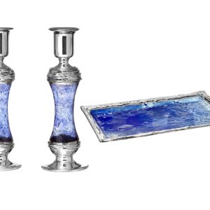 GLASS S "WIRES" PAIR CANDLESTICK 21 CM./GLASS SS TRAY