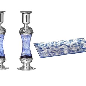 GLASS S "WIRES" PAIR CANDLESTICK 21 CM./GLASS TRAY