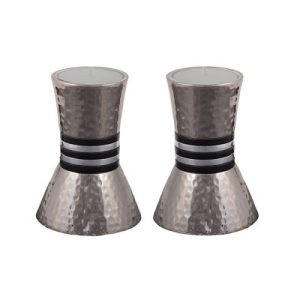 NICKEL HAMMER WORK SMALL CONE/RINGS CANDLESTICKS