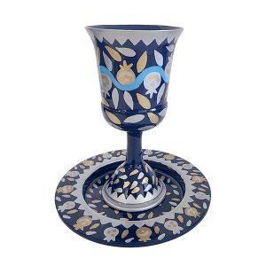 ENAMEL BLUE POMEGRANATES KIDDUSH CUP/SAUCER