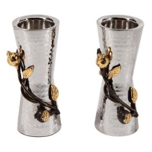 STAINLESS STEEL HAMMER WORK/BRASS POMEGRANATES CANDLESTICKS