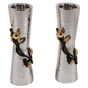 STAINLESS STEEL HAMMER WORK/BRASS POMEGRANATES CANDLESTICKS