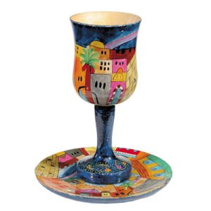 JERUSALEM HAND PAINTED KIDUSH CUP/STEM/SAUCER