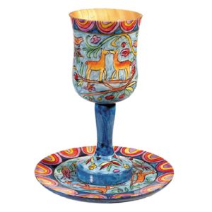 DEER HAND PAINTED KIDUSH CUP/STEM/SAUCER