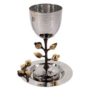STAINLESS STEEL/BRASS POMEGRANATES TALL KIDUSH CUP/SAUCER