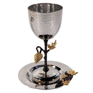 STAINLESS STEEL/BRASS GRAPES TALL KIDUSH CUP/SAUCER