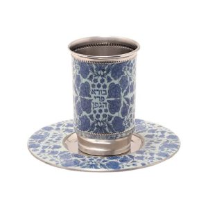 TALL METAL/BLUE FLOWERS DESIGN KIDDUSH CUP