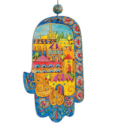 HAND PAINTED ORIENTAL JERUSALEM LARGE HAMSA