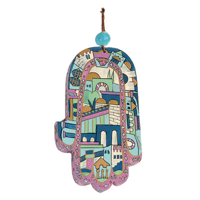 HAND PAINTED BLUE JERUSALEM LARGE HAMSA