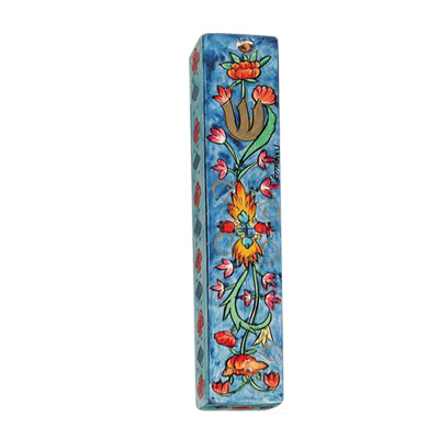 SMALL HAND PAINTED BLUE FLOWERES 10 CM. MEZUZAH