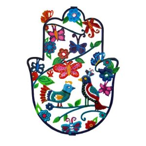 FLAT LARGE COLORFUL ENAMEL LACQUER BIRDS AND FLOWERS HAMSA