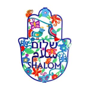 FLAT LG. ENAMEL LACQUER BIRDS+HEB/ENG/ARABIC SHALOM HAMSAH