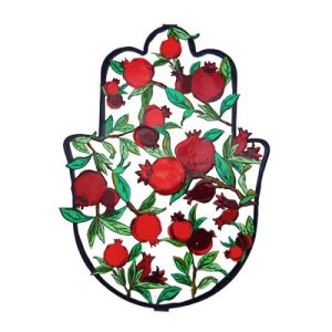 FLAT LARGE ENAMEL LACQUER RED POMEGRANATES HAMSA