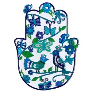 SMALL ENAMEL LACQUER BLUE BIRDS & BUTTERFLIES HAMSA