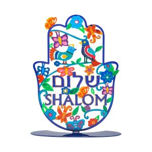 LASER CUT H.PAINTED BIRDS+HEB/ENG. SHALOM LARGE STAND HAMSA