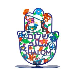 LASER CUT BIRDS+HEB/ENG/ARABIC SHALOM LARGE STAND HAMSA