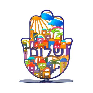 LASER CUT H.PAINTED JERUSALEM+HEB. SHALOM LARGE STAND HAMSA