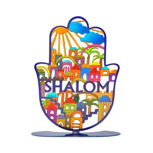 LASER CUT H.PAINTED JERUSALEM+ENG. SHALOM LARGE STAND HAMSA