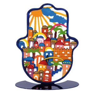LASER CUT HAND PAINTED JERUSALEM LARGE STAND HAMSA