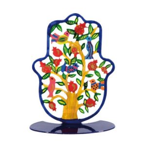 LASER CUT HAND PAINTED POMEGRANATES MEDIUM STAND HAMSA