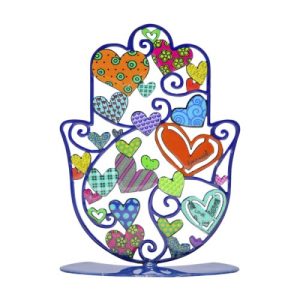 LASER CUT HAND PAINTED HEARTS MEDIUM STAND HAMSA