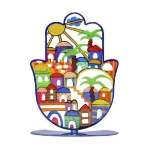 LASER CUT HAND PAINTED JERUSALEM MEDIUM STAND HAMSA