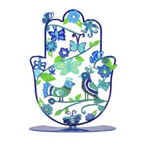 LASER CUT HAND PAINTED BLUE BIRDS MEDIUM STAND HAMSA