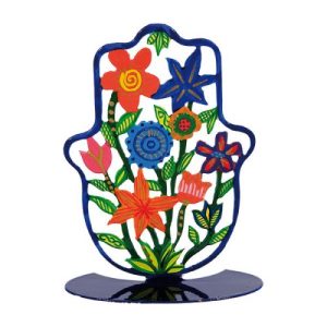 LASER CUT HAND PAINTED FLOWERES MEDIUM STAND HAMSA