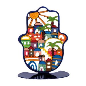 LASER CUT HAND PAINTED JERUSALEM MEDIUM STAND HAMSA